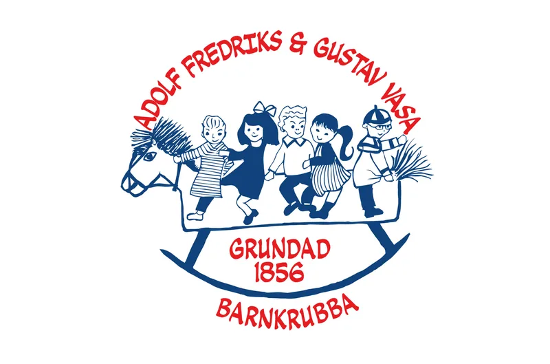 Adolf Fredriks och Gustav Vasas Barnkrubba i text, runt en teckning på barn som sitter på en gunghäst