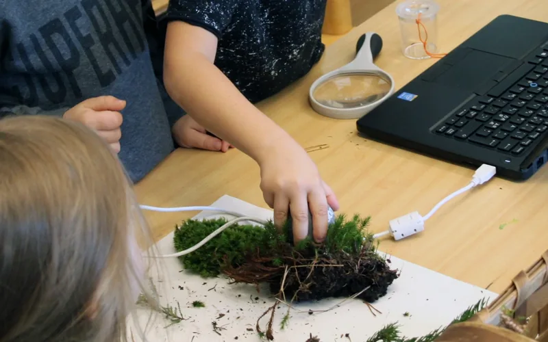 Närbild på barn som digitalt experimenterar med mossa.