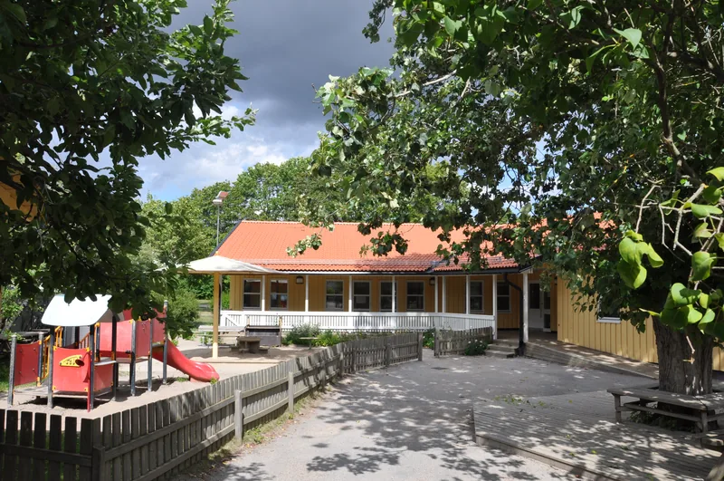 Solig gård med träd och lekredskap.
