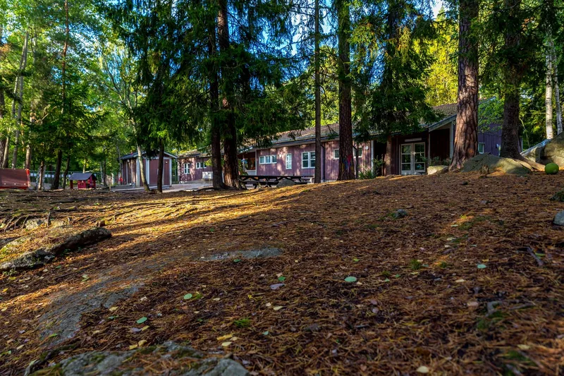 Byggnad omgärdad av skog med en gård med lekobjekt framför sig