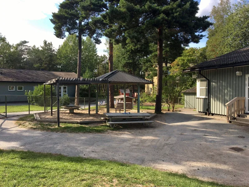 Bild på en sandlåda, träd och två enplansbyggnader på förskolegården.