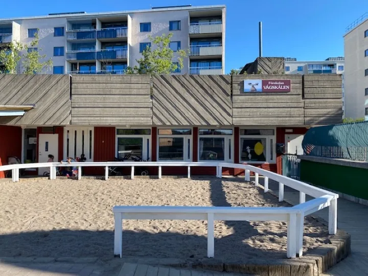 En förskolegård med sandlåda. Förskolans träfasad är målad i rött.